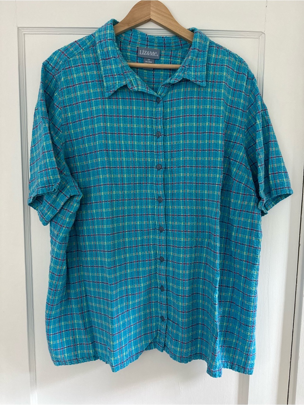 Liz & Me Turquoise Plaid Cotton Short-Sleeve Button-Down Shirt 3X